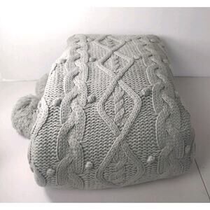 New~Pottery Barn Fur Reversible Pom Pom Throw 50"x 60" Gray